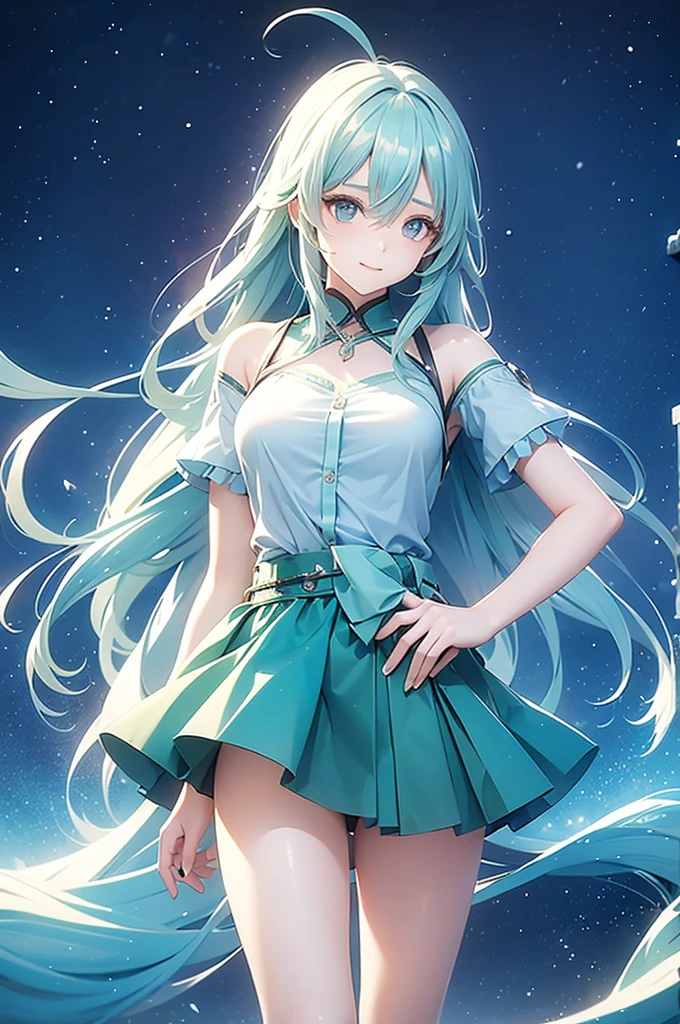 A girl with long blue hair, wearing a green shirt and skirt, using magic, cold face, magical and shimmering colors, magical and sparkling effects, panoramic view from distant