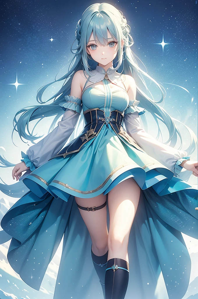 A girl with long blue hair, wearing a green shirt and skirt, using magic, cold face, magical and shimmering colors, magical and sparkling effects, panoramic view from distant
