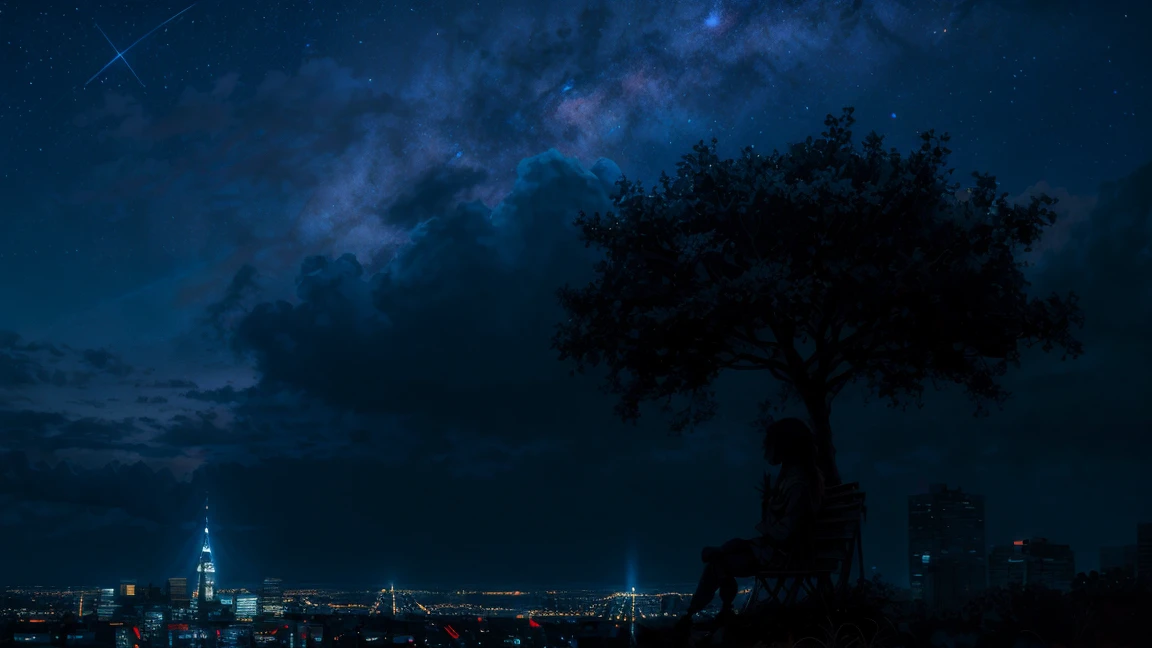 octans, sky, star (sky), scenery, starry sky, night, 1girl, night sky, solo, outdoors, building, cloud, milky way, sitting, tree, long hair, city, silhouette, cityscape