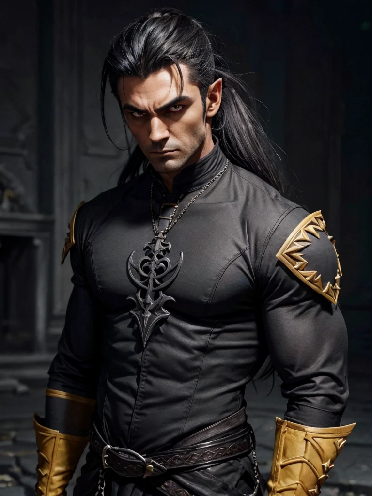 (best quality), 1boy, Male, dark grey skin, muscular, broad, dark grey hair, half ponytail, medium hair, yellow eyes, perfect eyes, stubble, pointy ears, gothic clothes, serious, stoic, vampire, masterpiece, anatomically correct, highres