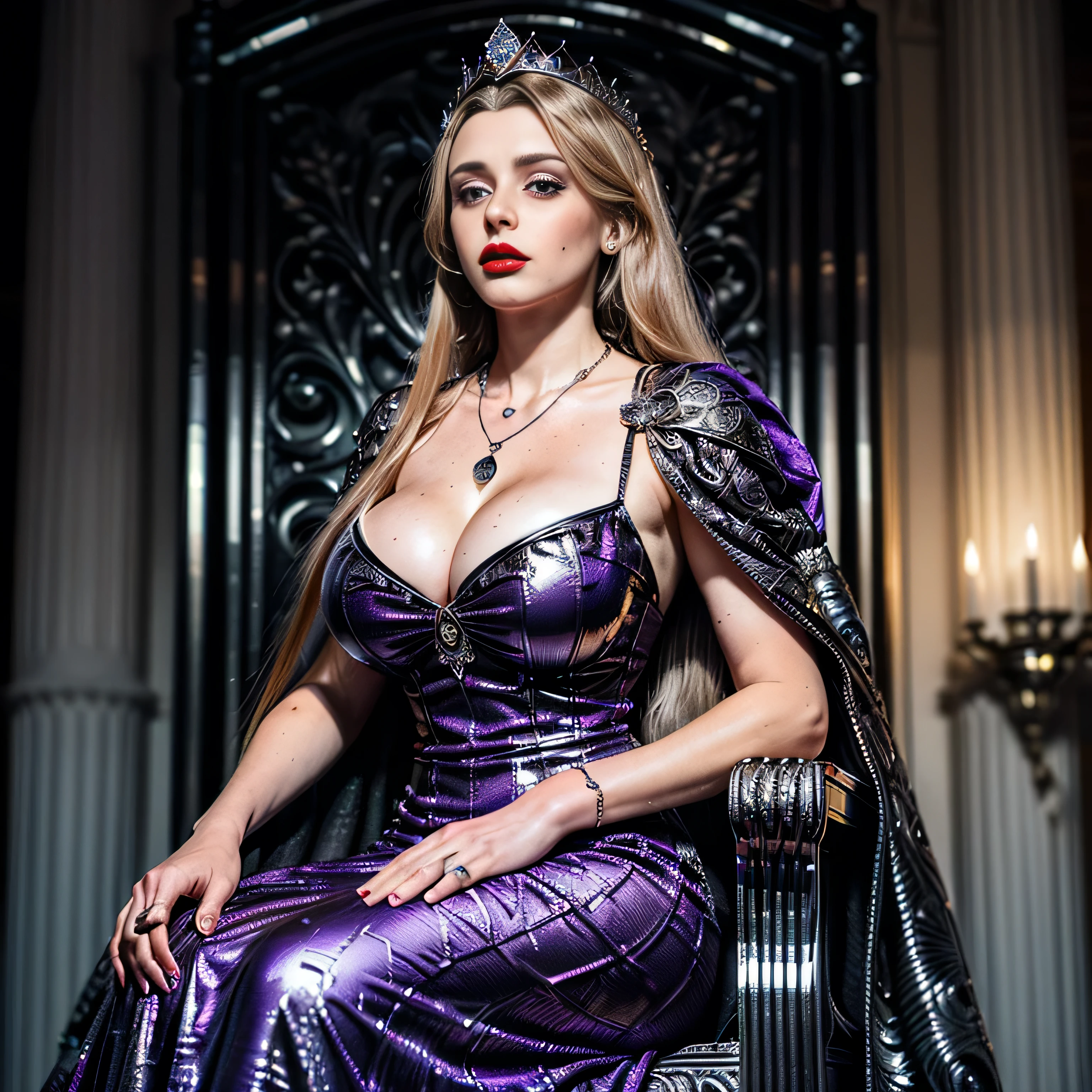 ((masterpiece, photorealistic:1.4, extremely intricate:1.3, photon mapping, radiosity, physically based rendering, ultra resolution, hyper-realistic, photorealistic:1.4, hyper-realistic, 8K)), ((solo athletic age supermodel, (satisfied, serious, aloof, ((([large breasts:huge breasts:0.5])) fantasy purple etched brocade elegant dress, black cape, ((queen))), necklace, Makeup:1.0, red lips, (((long straight hair))) [blonde hair:dark hair:0.5], [skin detail:freckles:0.7]))), fujicolor, ((she sits on a black chrome throne)) in a medieval castle throne room