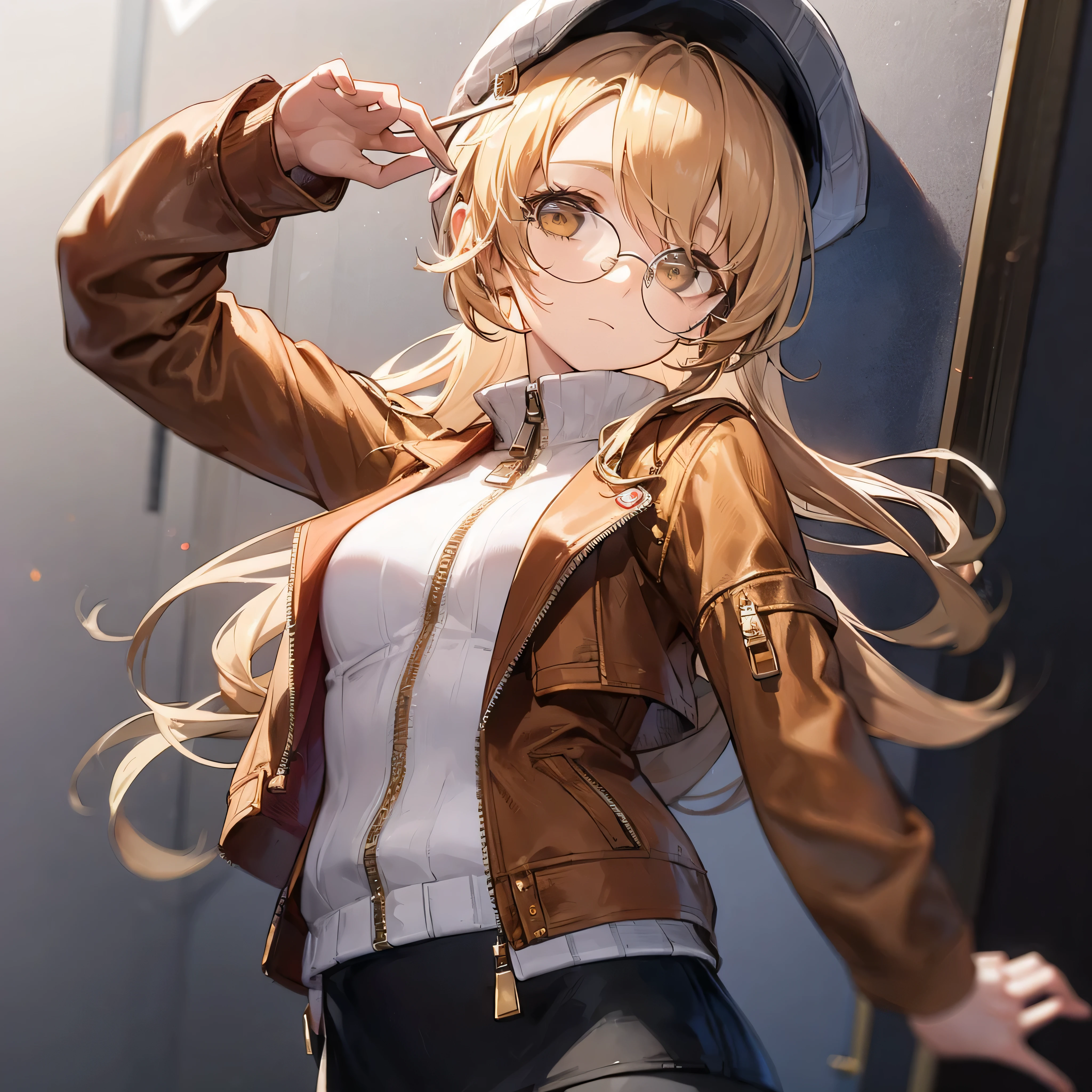 masterpiece, Concept Art, Centered, Close-up shot, Portraiture, Are standing, One girl, melania, Reverse 1999, Glasses, Long blonde hair, leather jacket, white sweater with zipper, Black Skirt, Red leggings, Flat Cap, Background of the museum