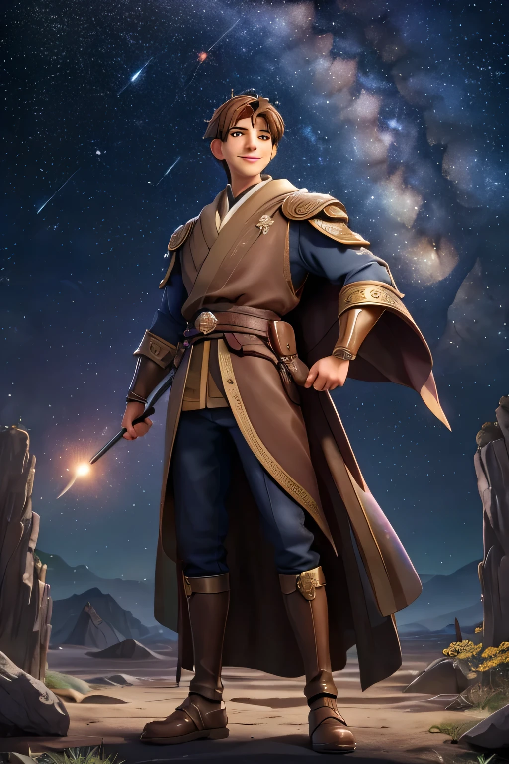 masterpiece, best quality, detailed, beautiful, {{male}}, concept art, themed, happy, smiling, standing, looking to the left, short hair, brown hair, brown eyes, tall, lanky, japanese clothes, beauty mark, japanese, Heartwarming Reunion Scene, in the space, with shooting stars, with a starry sky, surrounded by stars and stardust, fantasy, beautiful, art academia, アニメ, full body shot, on right, from front, from below, wide view