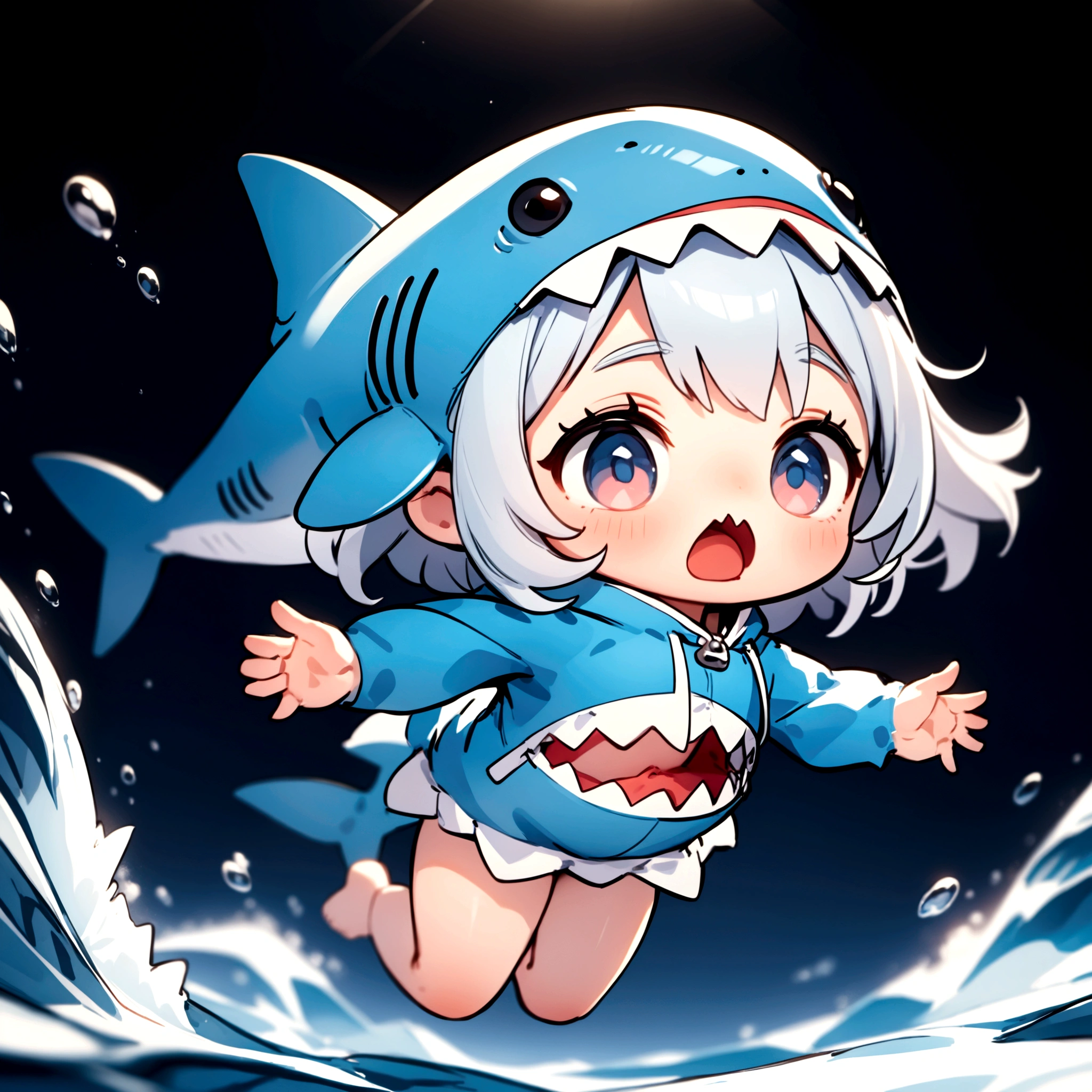 chibi, Q version comics, A  in a shark puppet costume, Floating in mid-air, UHD, masterpiece, accurate, high quality, highres, super detail, anatomically correct, 1080P, 16k
