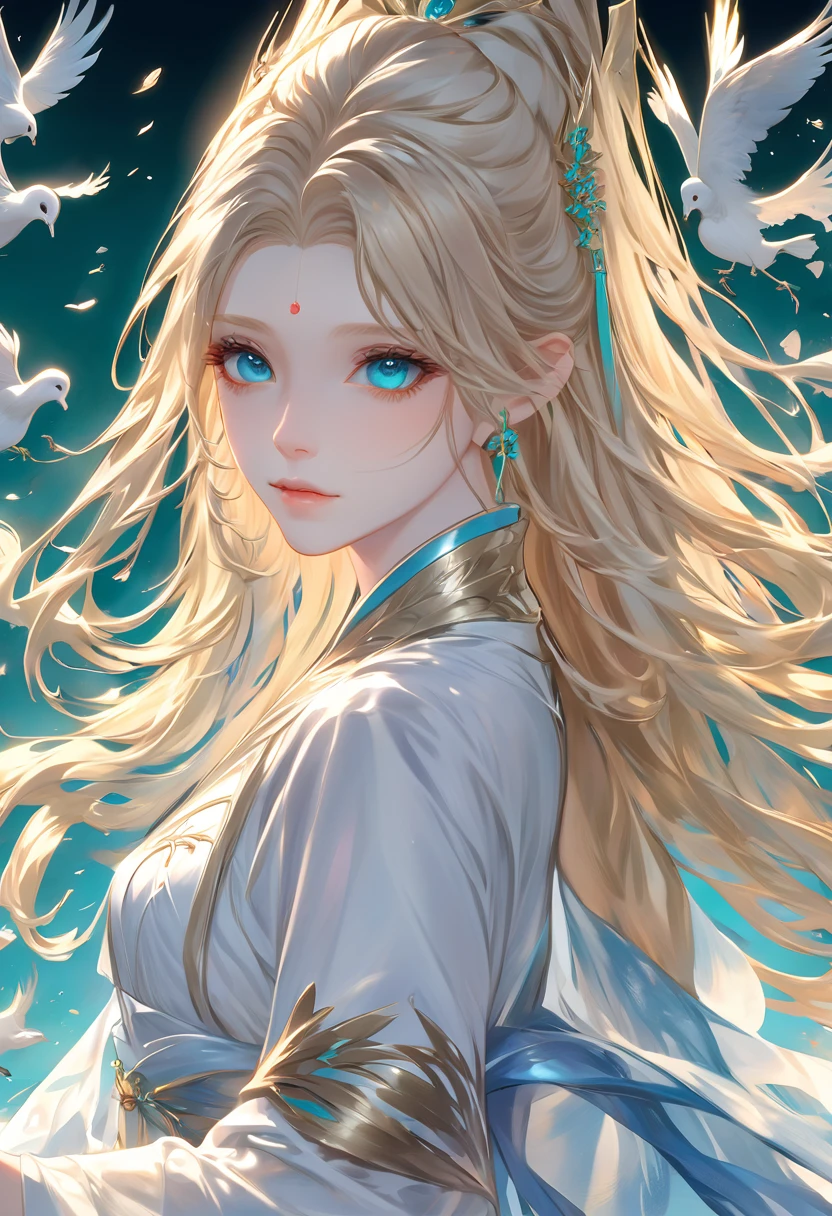 ((Highest quality)), ((masterpiece)), (detailed), ((Perfect Face)),euphilia, One Girl,Anime girl with long blonde hair and dark turquoise eyes in a white dress, Trending on cgstation, artwork in the style of Gwaiz, Gwaiz, Smooth anime CG art, detailedなデジタルアニメアート, Anime Goddess, Fantasy art style, palace , Girl in Hanfu, Beautiful young wind spirit, Beautiful Anime Girls, ! Dream Art Germ,