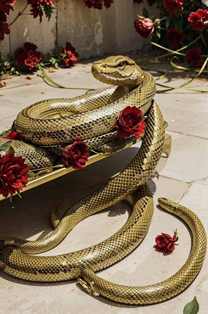 Snake surrounded by red flowers, white and gold