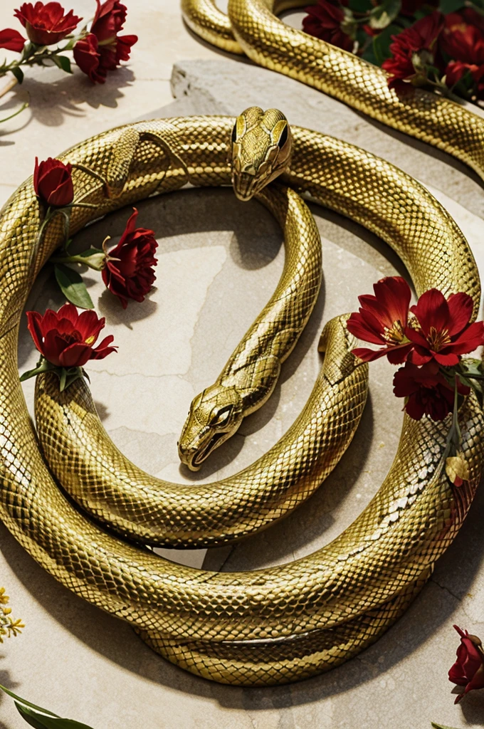 Snake surrounded by red flowers, white and gold