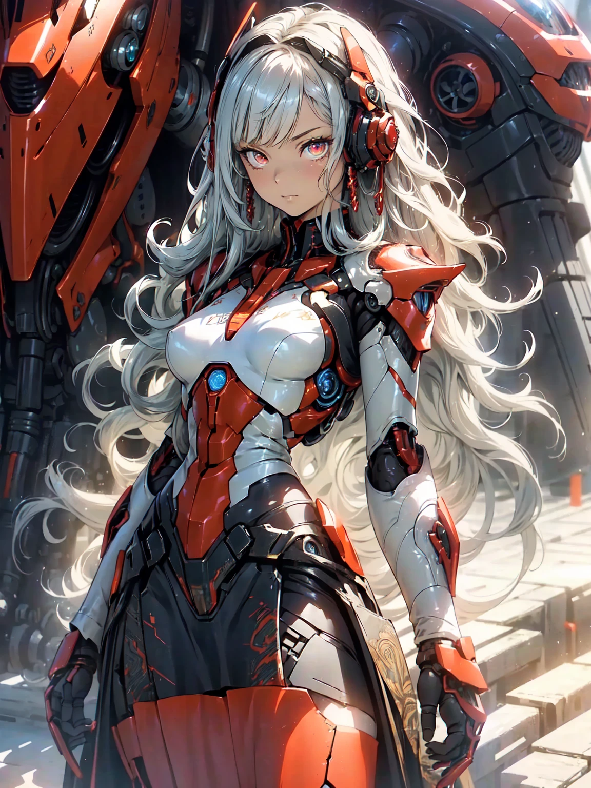 Cool Beauty, (One Woman:1.0), (20-year-old:1.0), (Small breasts:1.2),Fractal Art、Abstract background、 (Wide Shot:1.0), (Written boundary depth:1.1),  Blake、 (Beautiful red eyes:1.0), (Cybernetic Genoid:1.1), (Very detailed mech suit:1.3),  (Silvery semi-long hair:1.0), (Black Luxury Wizard Dress Skirt:1.3), (Decorative embroidery:1.0), High leotard、Sunburned skin