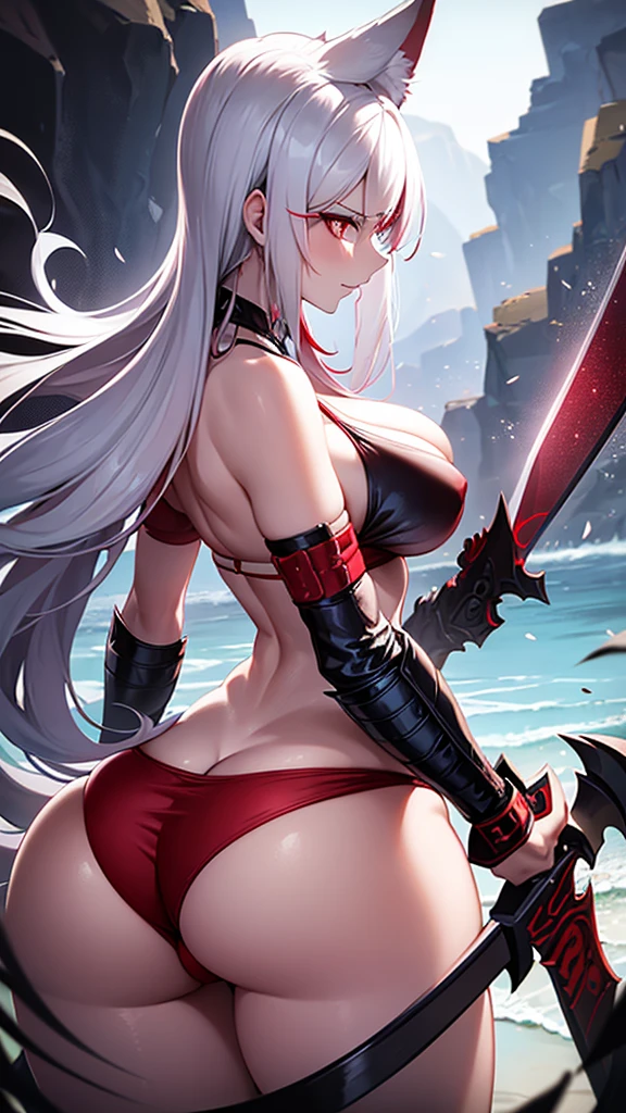 An adult woman half fox and wolf, wide breasts, red eyes, white hair, very angry, wearing a bikini, standing on her back, wide ass, looking back, wolf tail, holding a sword behind her back, and very sexy