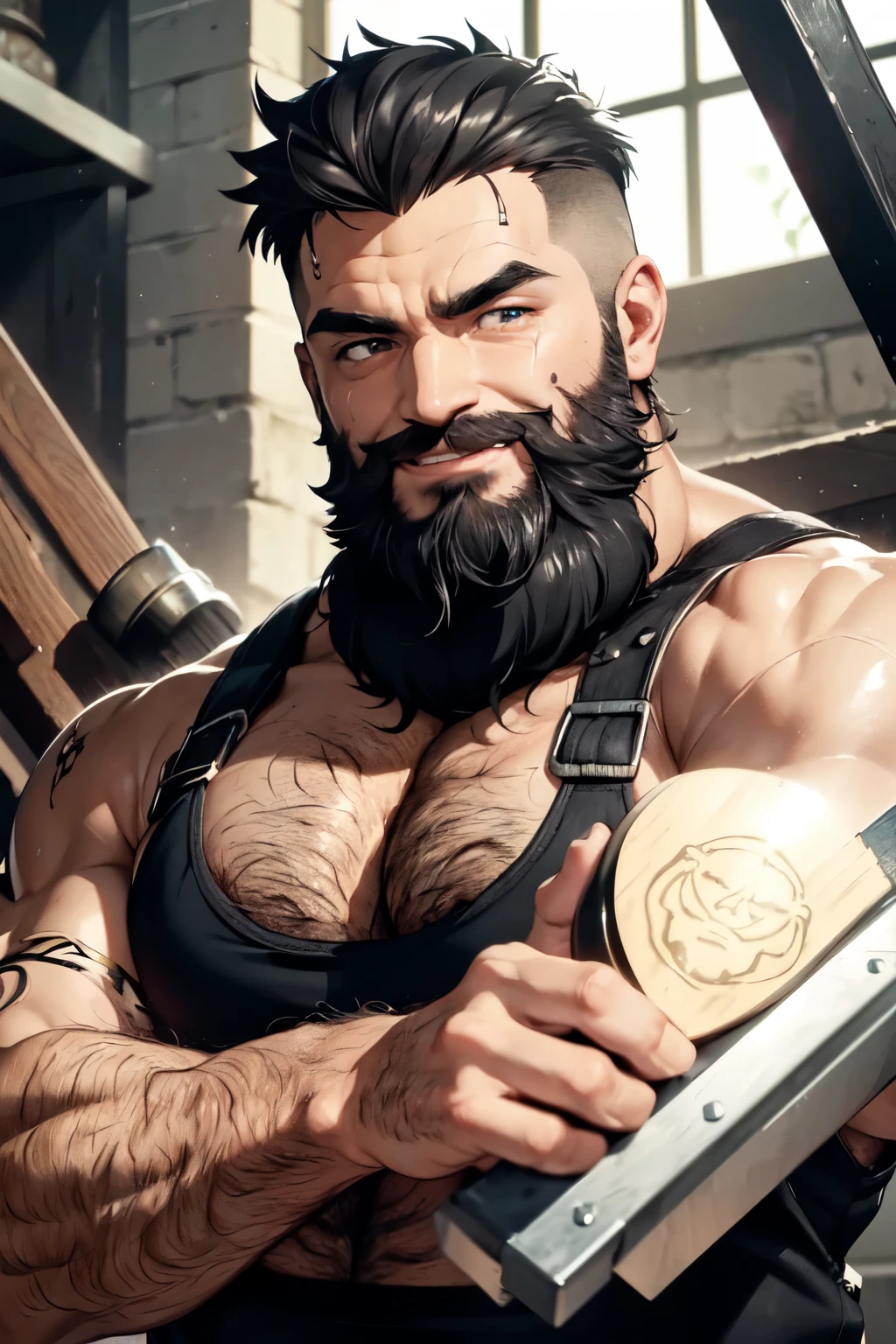 (Masterpiece: 1.3), (Max resolution: 1.2), (Ultra HDTV: 1.2), cinematric light, 8K resolution, Detailed facial features, intricate beard details, muscular arms, bulging biceps, detailed hands holding hammer, shiny blacksmith's apron, soot-stained face, sweat dripping from forehead, (Sharp Focus: 1.2), (Focus on Face:1.2),Perfect Style, ruggedly handsome blacksmith, acurate, Anatomically correct, Highly detailed facial and skin texture, Detailed eyes, thick eyebrows, glistening beard, (Smiling: