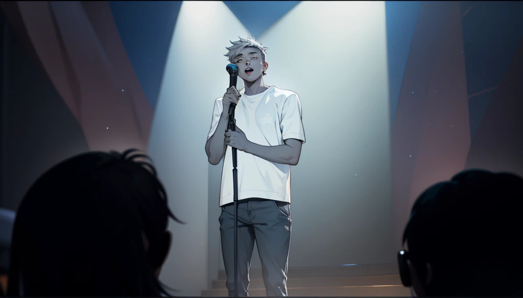 There is a 17 year old young man at a microphone singing, he has gray hair and gray eyes., there are spectators watching him sing