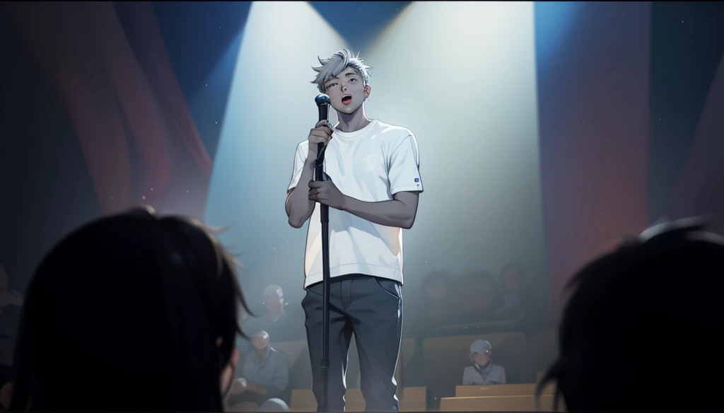 There is a 17 year old young man at a microphone singing, he has gray hair and gray eyes., there are spectators watching him sing
