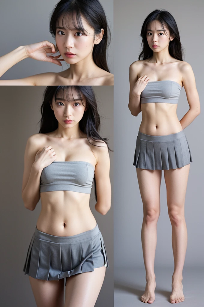 (Highly detailed body,Highly detailed face,Best Quality:1.2) ,woman,fold your hands behind your back,View Lens(Wide bandeau top,Black JK Pleated Skirt,Open belly button) Background Room 1.4