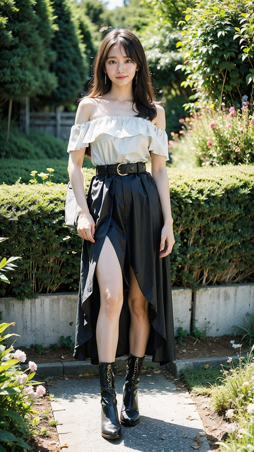 (8K、RAW Photos、Highest quality、masterpiece:1.2)、(Realistic、Realistic)、1 Girl、((Long dress、Off the shoulder、See-through、smile、black、Thin legs、whole body、boots、tights、garden、View from the front、Looking into the camera、belt、Stand with hands on hips))、cute