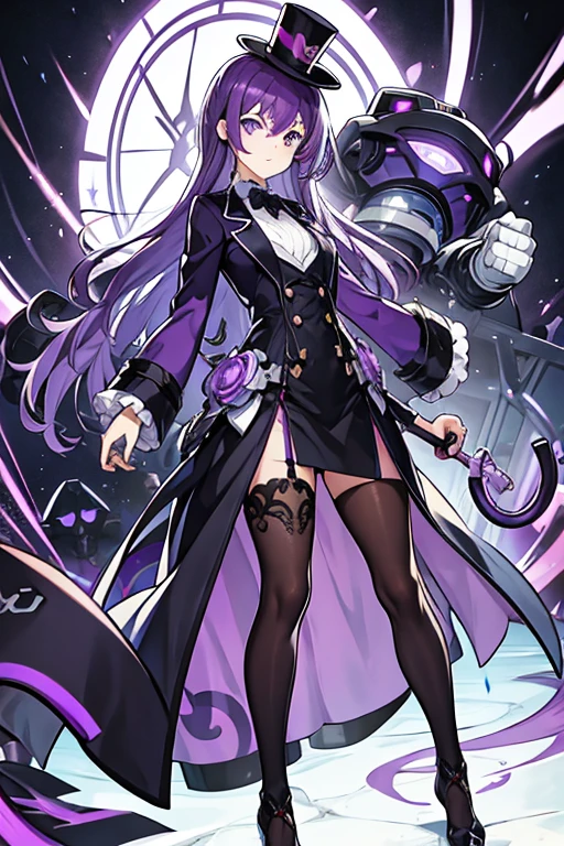 Young robot man, PURPLE HAIR, black top hat, purple eyes, purple umbrella