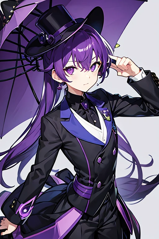 Young robot man, PURPLE HAIR, black top hat, purple eyes, purple umbrella