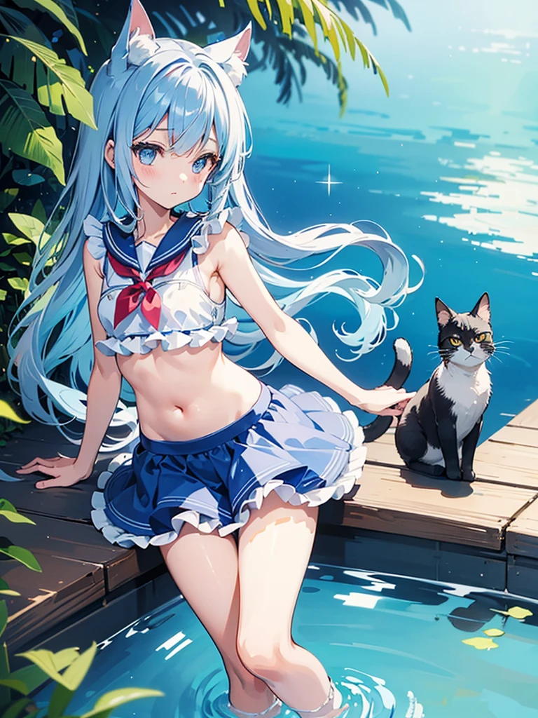 (Intricate and highly detailed illustration:1.2)、Cute Shota、Cat-eared teenager、Light blue long hair,Wearing a sailor-style frilled camisole and frilled skirt style bikini、bright、Sparkling、in pool,