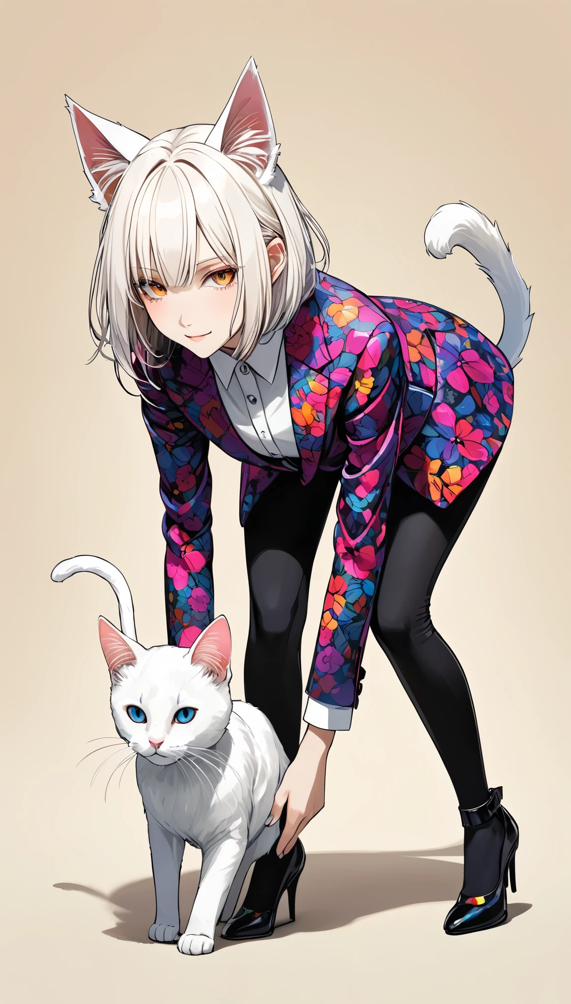 in style of Santiago Caruso,
1girl,short white hair,white cat ears,white cat tail,leaning_forward,solid color background,(stand:1.8),dsmile,press down on your hands,black_leggings,no human ears,colorful printed suits,