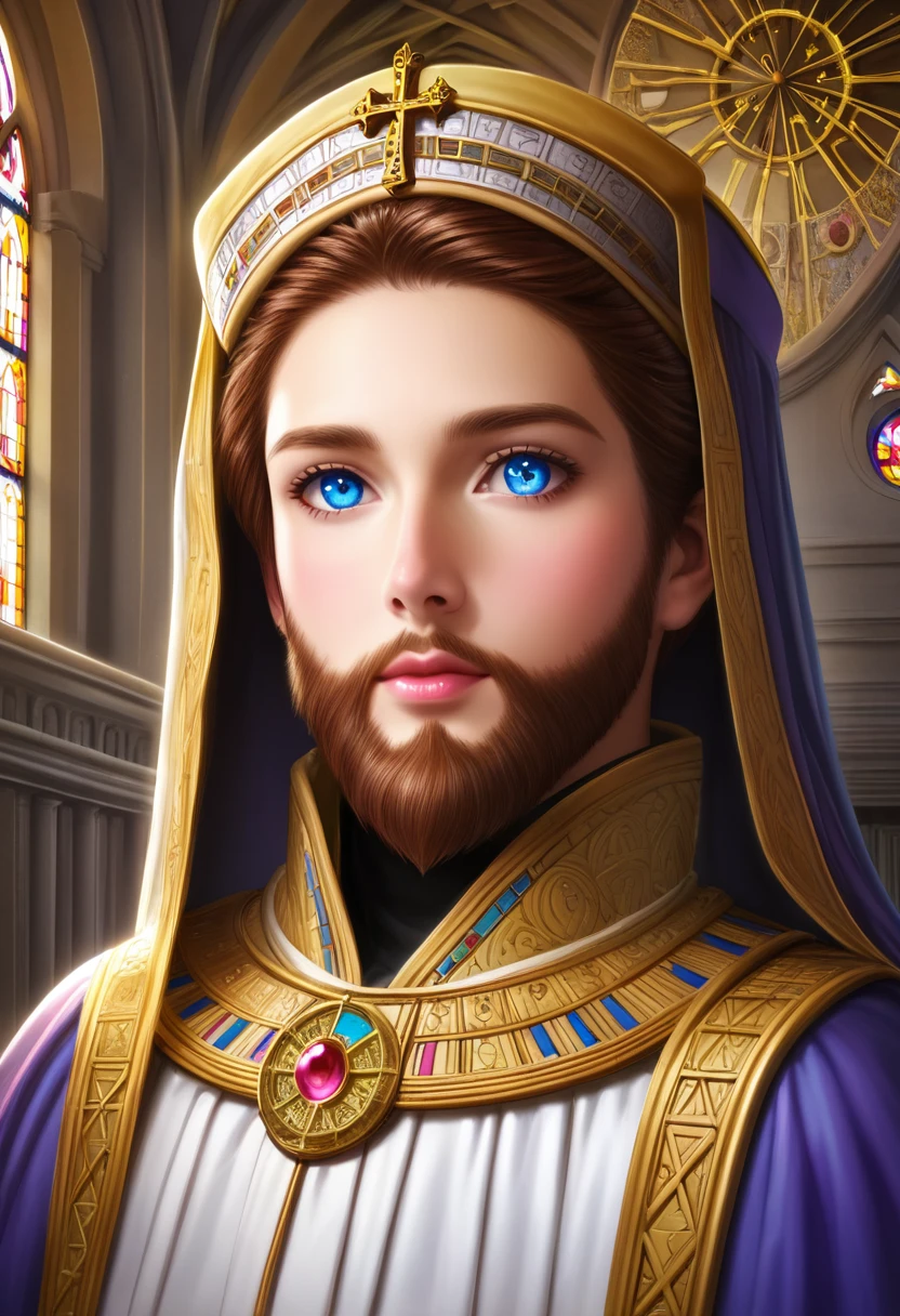 detailed illustration, dynamic angle, ultra-detailed, illustration, clean line art, shading, anime, detailed eyes, detailed face, beautiful face, dramatic lighting, detailed illustration, dynamic angle, ultra-detailed, illustration, masterpiece, masterwork, beautiful, blue eyes, whole body shot
Neko, cat boy, dressed in purple silk robes, beard, orthodox priest robes. Byzantine church.