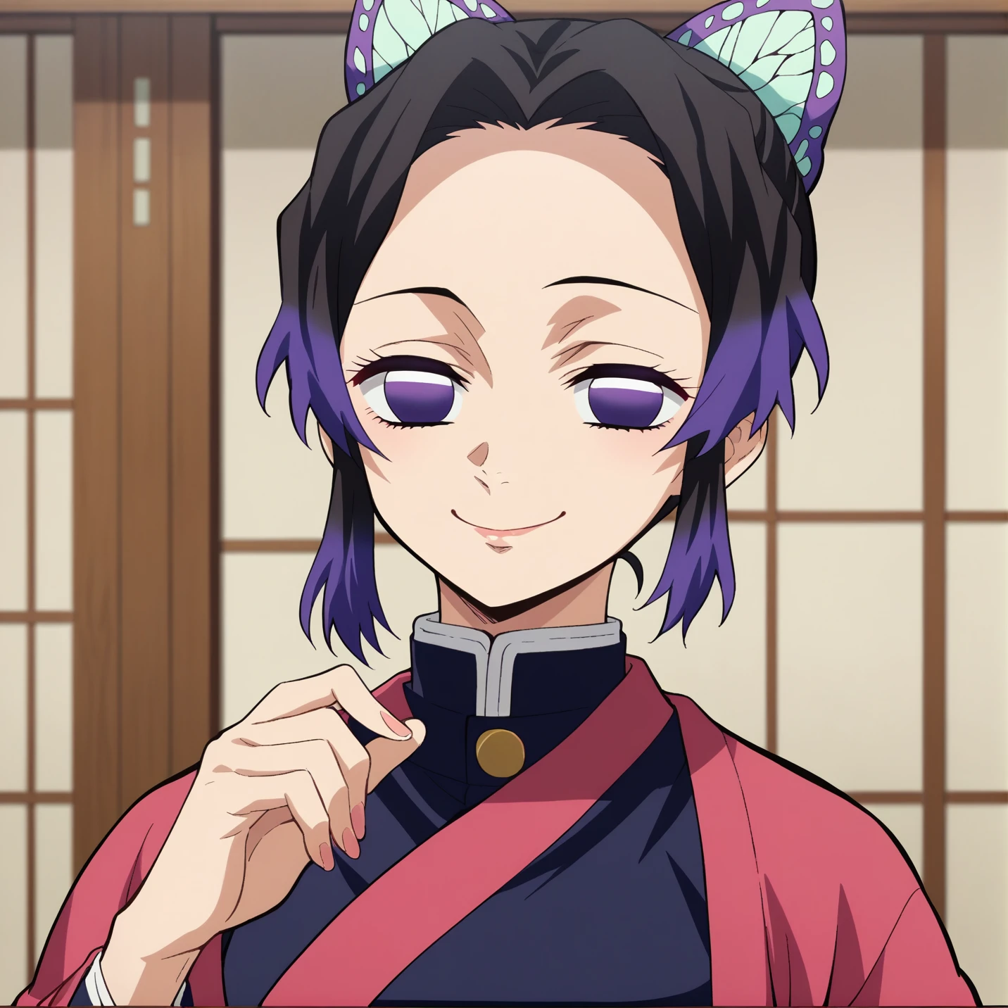 score_9, score_8_up, score_7_up, score_6_up, score_5_up, score_4_up, source_anime, 1girl, solo, official art, simple background,
KShinobuXLV4, butterfly hair ornament, large bust, dojo, ,door,
smirk,
narrowed eyes,
sitting,
street wear,
hand_on_own_hip,