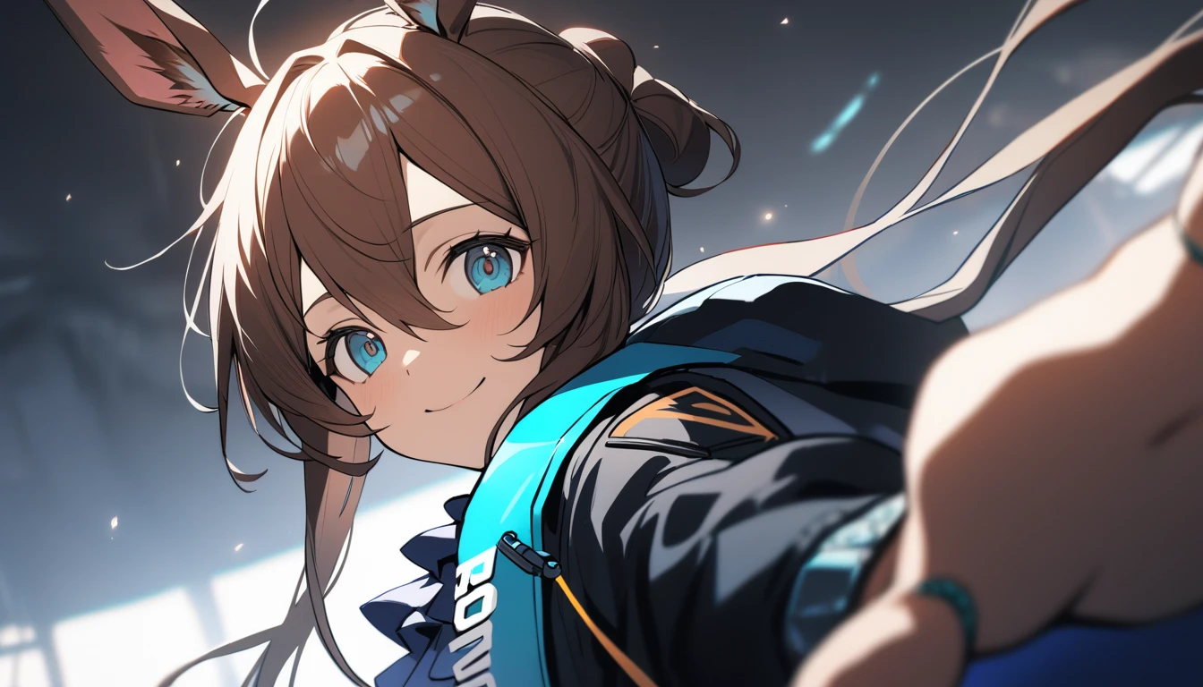1girl, amiya \(arknights\), arknights, smile, close-up, cinematic angle, foreshortening, dark, dark background, masterpiece, best quality