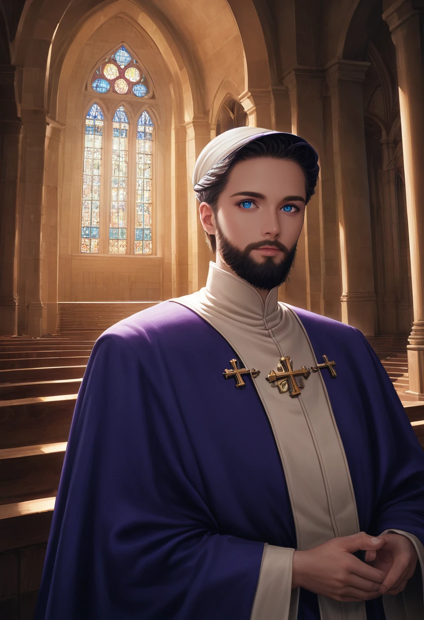detailed illustration, dynamic angle, ultra-detailed, illustration, clean line art, shading, anime, detailed eyes, detailed face, beautiful face, dramatic lighting, detailed illustration, dynamic angle, ultra-detailed, illustration, masterpiece, masterwork, beautiful, blue eyes, whole body shot
Neko, cat boy, dressed in purple silk robes, beard, orthodox priest robes. Byzantine church.