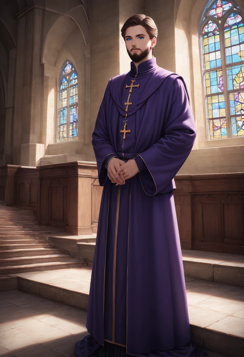 detailed illustration, dynamic angle, ultra-detailed, illustration, clean line art, shading, anime, detailed eyes, detailed face, beautiful face, dramatic lighting, detailed illustration, dynamic angle, ultra-detailed, illustration, masterpiece, masterwork, beautiful, blue eyes, whole body shot
Neko, cat boy, dressed in purple silk robes, beard, orthodox priest robes. Byzantine church.