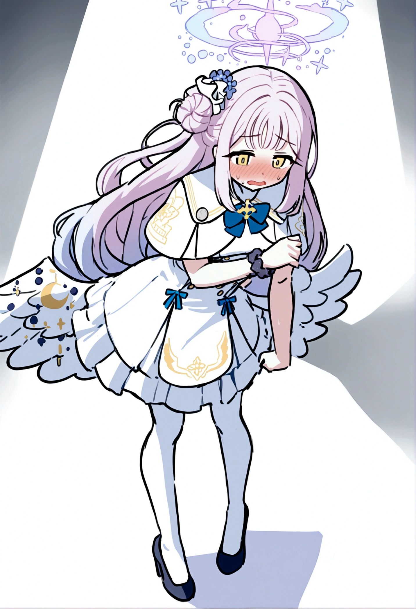 embarrassed, skirt, show off panties,mika \(blue archive\), halo, wrist scrunchie, low wings, black pumps, hair flower, white dress, single side bun, white pantyhose, capelet, blue bowtie,
