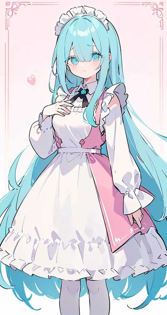 (((Long cyan Beautiful Hair))),cyan hair,kawai,(((Eyes visible from bangs,hair over eyes:1.3))),,Huge breasts,(pink color eyes),,(pink slanted eyes),1girl in,bangs,long gray hair, pantyhose,Cowboy Shot,white background,short hair,smiled,(wearing pink maid clothes), (maid dress type must have a perfect black vest), Bangs should be long to the tip of the chin((Background of girl standing in front of cake shop)) Perfect arm fingers,,, 1 girl, (Small mouth slightly open hand holding a small paper poster) ((Bangs almost cover the eyes)) character full body (The character's entire body from top to bottom is completely visible) character image FULL BOOOOOOODDYY