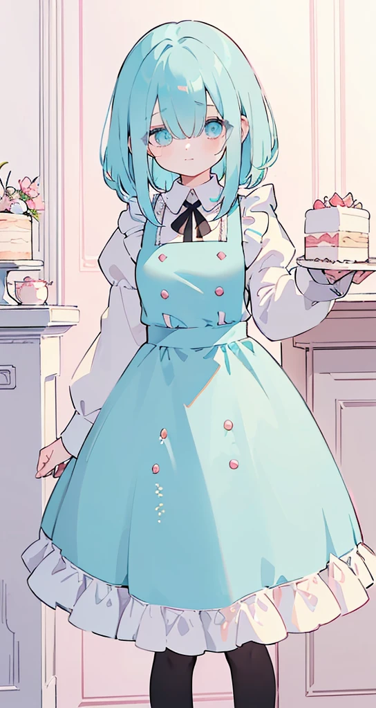 (((Long cyan Beautiful Hair))),cyan hair,kawai,(((Eyes visible from bangs,hair over eyes:1.3))),,Huge breasts,(pink color eyes),,(pink slanted eyes),1girl in,bangs,long gray hair, pantyhose,Cowboy Shot,white background,short hair,smiled,(wearing pink maid clothes), (maid dress type must have a perfect black vest), Bangs should be long to the tip of the chin((Background of girl standing in front of cake shop)) Perfect arm fingers,,, 1 girl, (Small mouth slightly open hand holding a small paper poster) ((Bangs almost cover the eyes)) character full body (The character's entire body from top to bottom is completely visible) character image FULL BOOOOOOODDYY