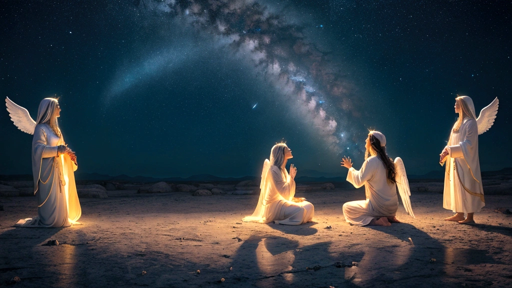 "Description: Illustrate a scene where individuals share their near-death experiences and spiritual encounters. Show diverse people recounting their stories with awe and wonder, surrounded by ethereal light and symbols of divine presence. Capture the intensity and transformative impact of these experiences on their lives.

Details: Use soft, luminous lighting and gentle colors to create a sense of mystical and spiritual atmosphere. Include elements such as angelic figures, radiant glows, and subtle celestial backgrounds to symbolize the divine nature of these encounters. Show expressions of awe, reflection, and profound emotion on the faces of those sharing their testimonies, conveying the depth of their spiritual revelations."