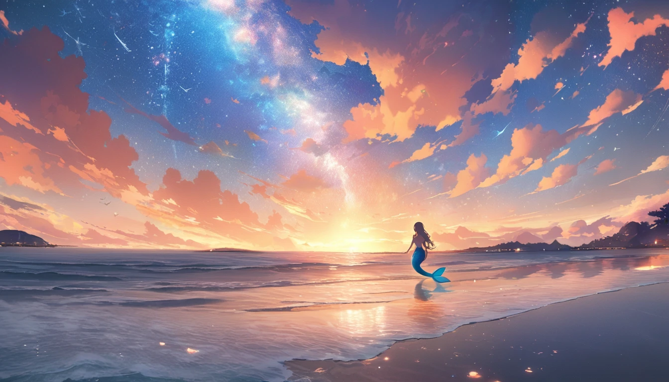 Mermaid Shadow、The main event is sunrise.、Small butterfly、Starry Skyと朝日、coastline、wonderful蝶、The image depicts a mermaid,Anime-style digital painting of a horizon landscape, wonderful, Atmospheric,Low angle of a soft and warm sunset, A palette of soft tones of blue and orange accentuating the horizon,A little mermaid and butterfly appear in the background..、Starry Sky
