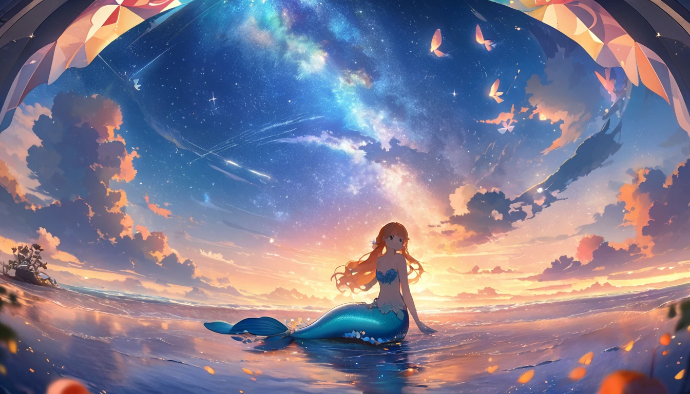 Mermaid Shadow、The main event is sunrise.、Small butterfly、Starry Skyと朝日、coastline、wonderful蝶、The image depicts a mermaid,Anime-style digital painting of a horizon landscape, wonderful, Atmospheric,Low angle of a soft and warm sunset, A palette of soft tones of blue and orange accentuating the horizon,A little mermaid and butterfly appear in the background..、Starry Sky