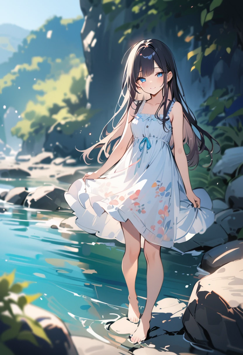 sketch:1.2, watercolor, 1 girl, 18 years old, long hair, black hair, straight hair, short bangs above brows, half closed eyes, blue eyes, warm smile, 
BREAK (masterpiece), (high resolution 8K), cinematic lighting, professional lighting, detailed eyes and face, detailed body, 
BREAK botanical pattern sundress, bare foot, standing, 
BREAK blurred background, depth of field, in summer, outdoors, nature, water, gorge, clear stream, mossy rocks, blue sky,
