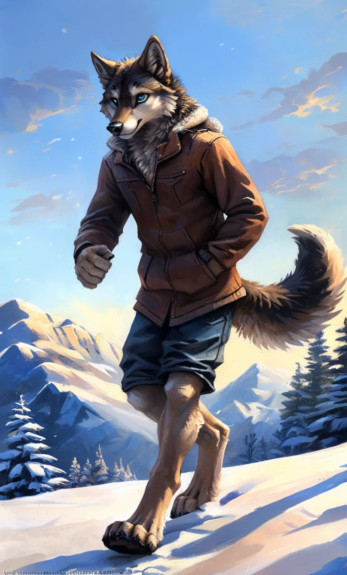 ((Solo)), male people, anthro wolf, (Multi-colored fur, White-brown:1.3,White tail pointed), (Height 2.1m,Tail length 1.2m), ((Wolf face, Big eyes, White eyelids, Blue pupil, Slim:1.2) (Tough, Calm expression:1.2)), Slim, pinging)), (Correct ???????), (Winter clothing:1.1), The upper body naked, (detailed outfits),A long big tail,Feet,(Realistic fur, Detailed fur texture, labeled:1.3)), (Natural lighting), Photorealistic, Hyperrealistic, ultradetailed, by Kenket,Snowfield,????? through,Running on