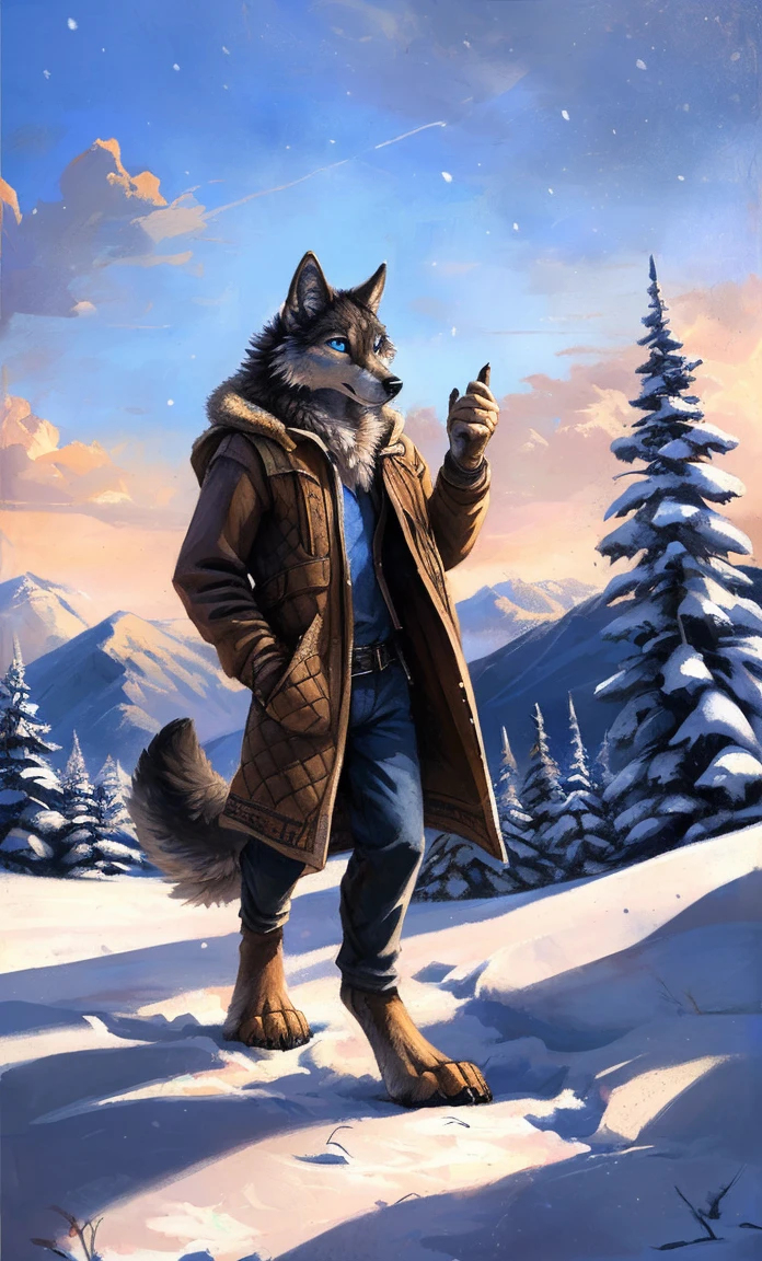 ((Solo)), male people, anthro wolf, (Multi-colored fur, White-brown:1.3,White tail pointed), (Height 2.1m,Tail length 1.2m), ((Wolf face, Big eyes, White eyelids, Blue pupil, Slim:1.2) (Tough, Calm expression:1.2)), Slim, pinging)), (Correct anatomy), (Winter clothing:1.1), The upper body naked, (detailed outfits),A long big tail,Feet,(Realistic fur, Detailed fur texture, labeled:1.3)), (Natural lighting), Photorealistic, Hyperrealistic, ultradetailed, by Kenket,Snowfield,erect through,Running on