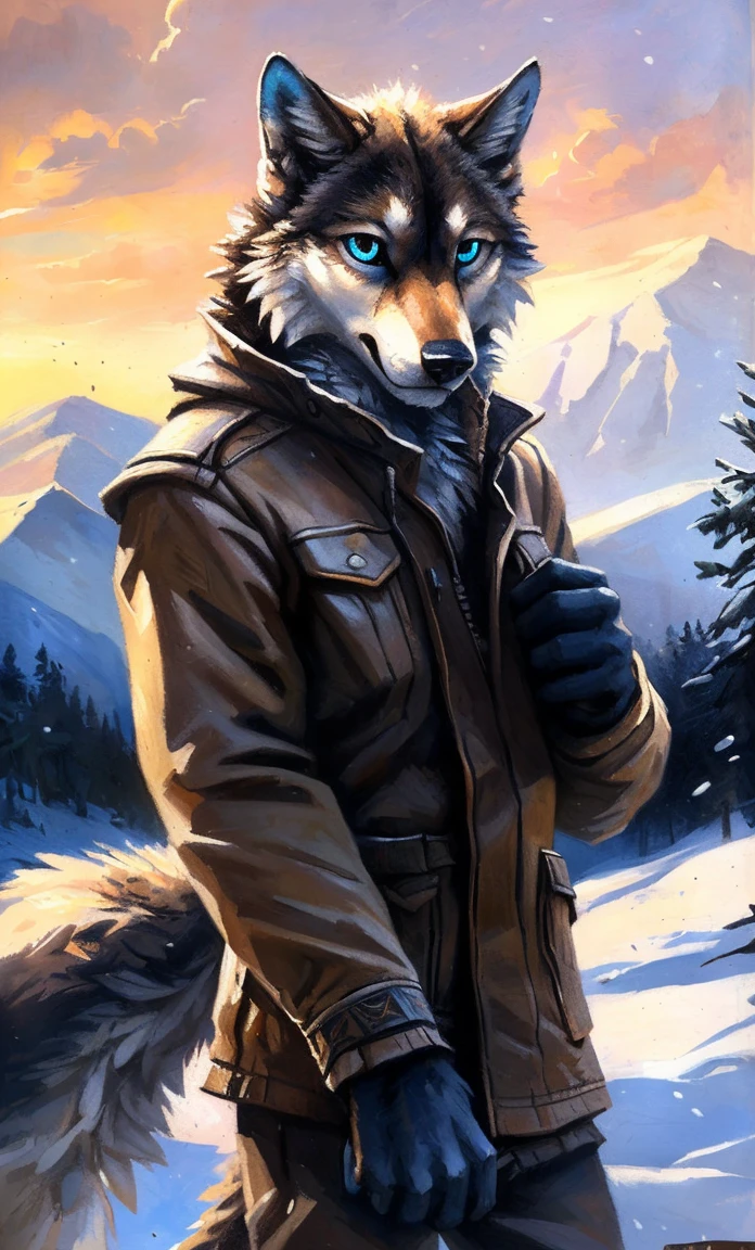 ((Solo)), male people, anthro wolf, (Multi-colored fur, White-brown:1.3,White tail pointed), (Height 2.1m,Tail length 1.2m), ((Wolf face, Big eyes, White eyelids, Blue pupil, Slim:1.2) (Tough, Calm expression:1.2)), Slim, pinging)), (Correct anatomy), (Winter clothing:1.1), The upper body , (detailed outfits),A long big tail,Feet,(Realistic fur, Detailed fur texture, labeled:1.3)), (Natural lighting), Photorealistic, Hyperrealistic, ultradetailed, by Kenket,Snowfield,erectugh,Running on