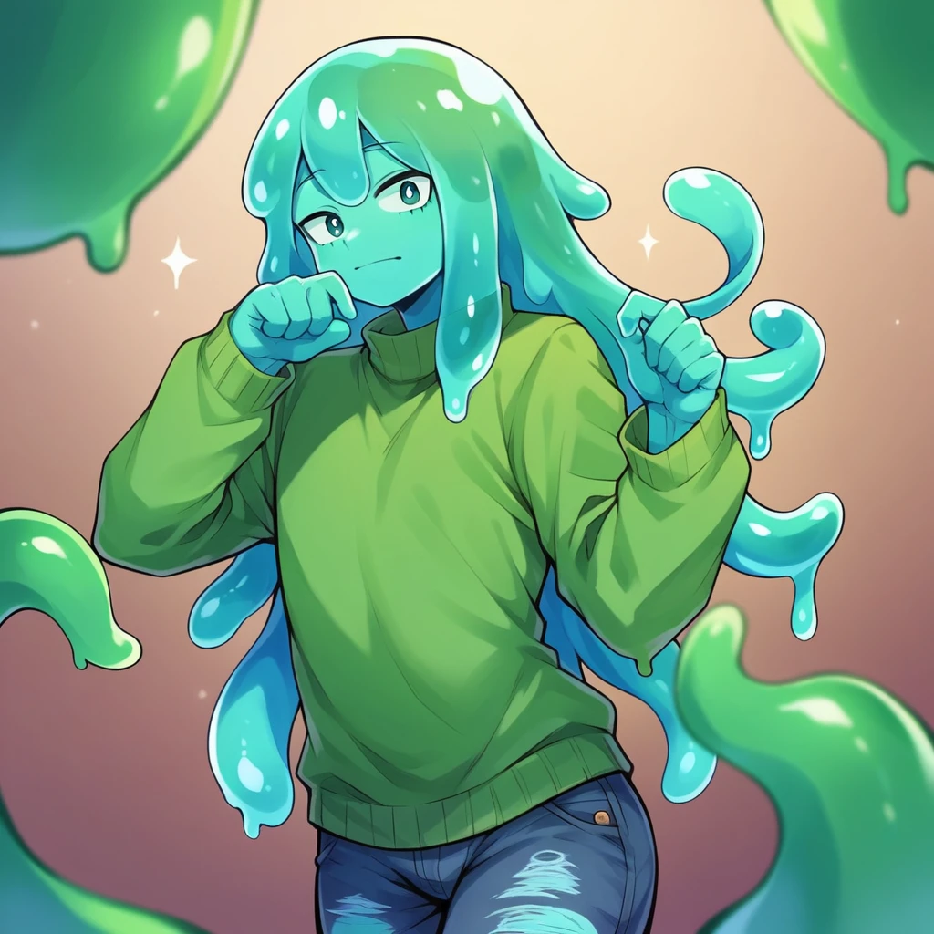 score_9, score_8_up, score_7_up, score_6_up, score_5_up, score_4_up, source_anime, 1Boy, slime Boy, Blue skin, Punk style, Long hair with green tips, tentacles, slime tentacles, slime boy, solo, slimegirlsfw, slime boy, ripped jeans, sweater, slimeboy, femboy, tentacles, school, depth of field, LUT,  medium close shot, detailed, handsome, cute slime boy. My hero academia school.