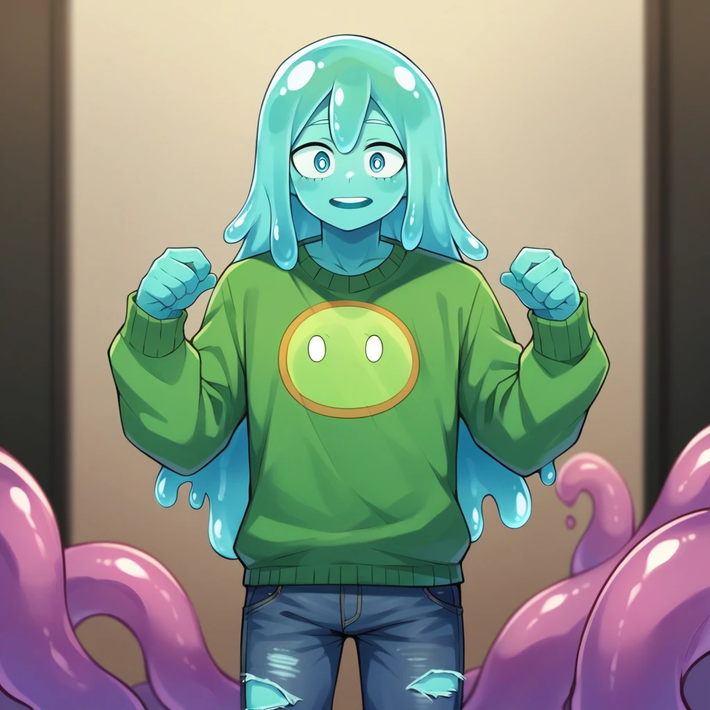 score_9, score_8_up, score_7_up, score_6_up, score_5_up, score_4_up, source_anime, 1Boy, slime Boy, Blue skin, Punk style, Long hair with green tips, tentacles, slime tentacles, slime boy, solo, slimegirlsfw, slime boy, ripped jeans, sweater, slimeboy, femboy, tentacles, school, depth of field, LUT,  medium close shot, detailed, handsome, cute slime boy. My hero academia school.