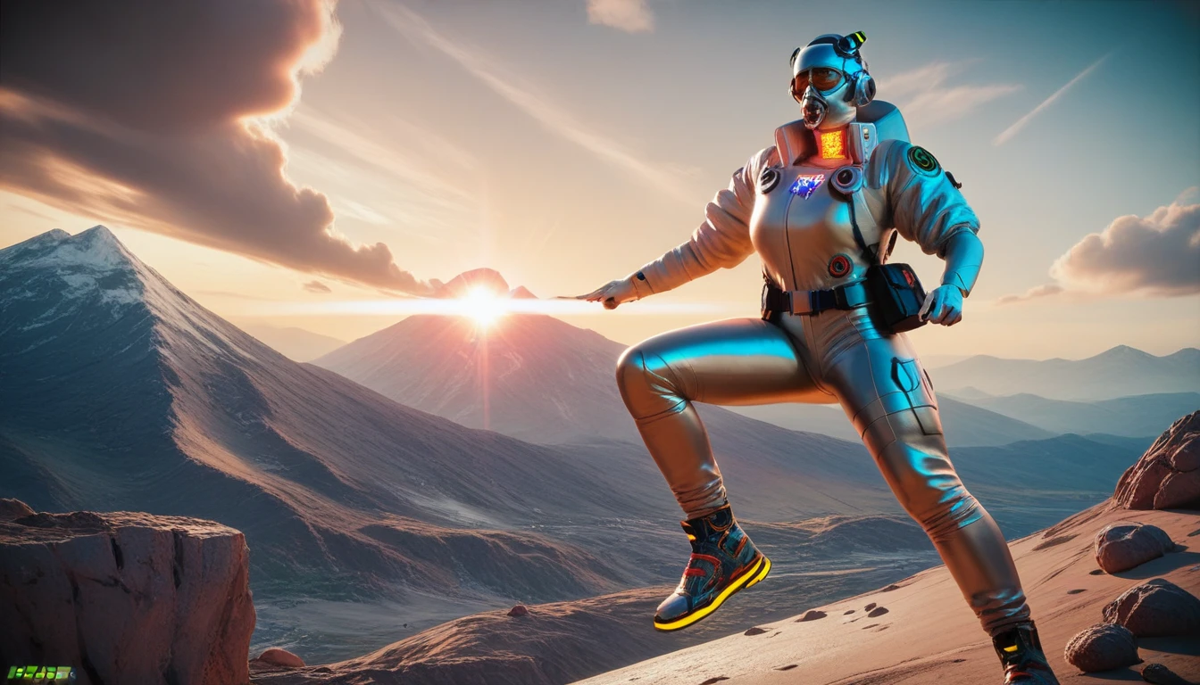 (((cyberpunk style))), a female astronaut on top of a mountain, H.R. Giger, on a super dangerous planet, super detailed, 4K resolution, intricate details, cinematic lighting, dark atmosphere, glowing screens, futuristic technology, surfaces metallic, science fiction elements, sensual pose, intense expression, photorealistic, masterpiece