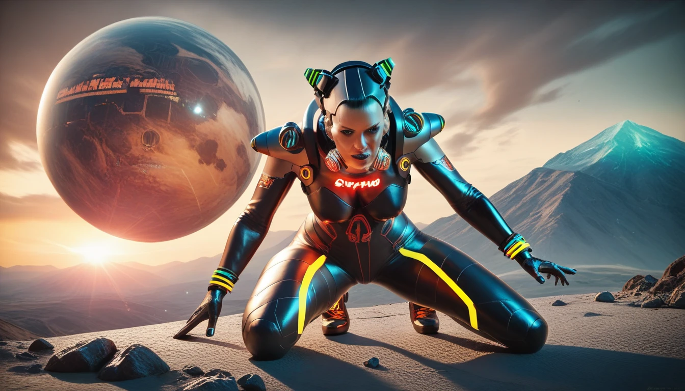 (((cyberpunk style))), a female astronaut on top of a mountain, H.R. Giger, on a super dangerous planet, super detailed, 4K resolution, intricate details, cinematic lighting, dark atmosphere, glowing screens, futuristic technology, surfaces metallic, science fiction elements, sensual pose, intense expression, photorealistic, masterpiece