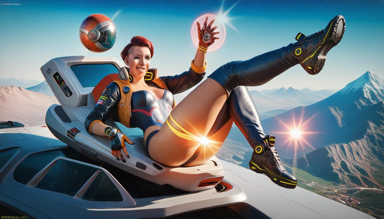 (((cyberpunk style))), a female astronaut on top of a mountain, H.R. Giger, on a super dangerous planet, super detailed, 4K resolution, intricate details, cinematic lighting, dark atmosphere, glowing screens, futuristic technology, surfaces metallic, science fiction elements, sensual pose, intense expression, photorealistic, masterpiece