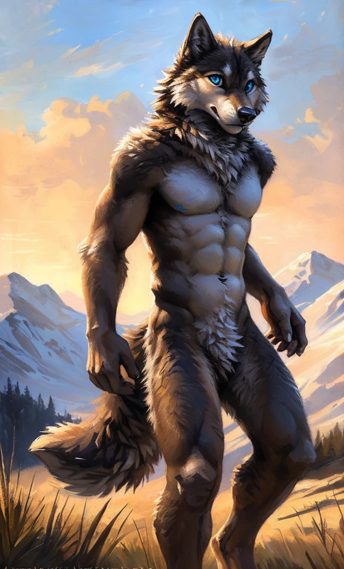 ((Solo)), male people, anthro wolf, (Multi-colored fur, White-brown:1.3,White tail pointed), (Height 2.1m,Tail length 1.5m), ((Wolf face, Big eyes, White eyelids, Blue pupil, Slim:1.2) (Tough, Calm expression:1.2)), Abs, Slim, pinging)), (Correct anatomy), Naked all over the body,A long big tail,Feet,(Realistic fur, Detailed fur texture, labeled:1.3)), (Natural lighting), Photorealistic, Hyperrealistic, ultradetailed, by Kenket,Snowfield,No artifacts, Running on