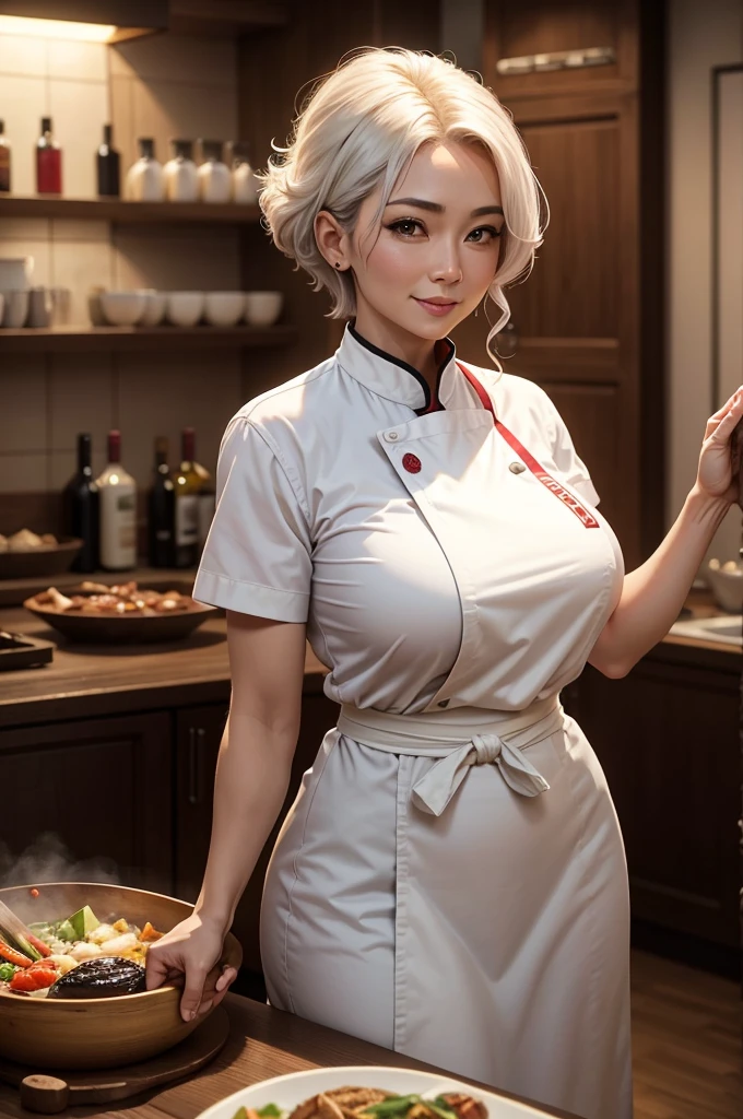 A high definition wide scene in a kitchen of a large restaurant with a beautiful oriental woman chef and restaurant owner and famous sommelier happy preparing her special dishes with wonderful red wines, wearing her chef uniform on her perfect body in her 50s and very short white hair in a beautiful smile while working intensely alongside a very young muscular and handsome Brazilian istant chef who is much younger than her