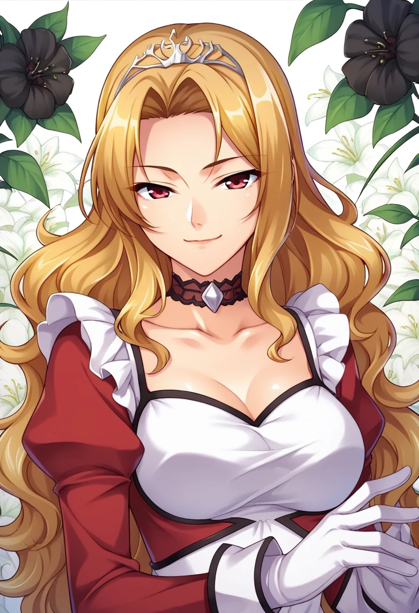 score_9, score_8_up, score_7_up, floral background, romance manhwa, 1girl, blonde hair, solo, long hair, flower, dress, tiara, white dress, gloves, long sleeves, choker, red eyes, narrowed eyes, white gloves, black bow, black flower, wavy hair, bow, jewelry, looking at viewer, white background, collarbone, puffy sleeves, silver accessories, upper body, parted bangs, very long hair, red dress, frills, bangs, closed mouth, smile, cowboy shot, dynamic pose, dynamic angle, dynamic cut