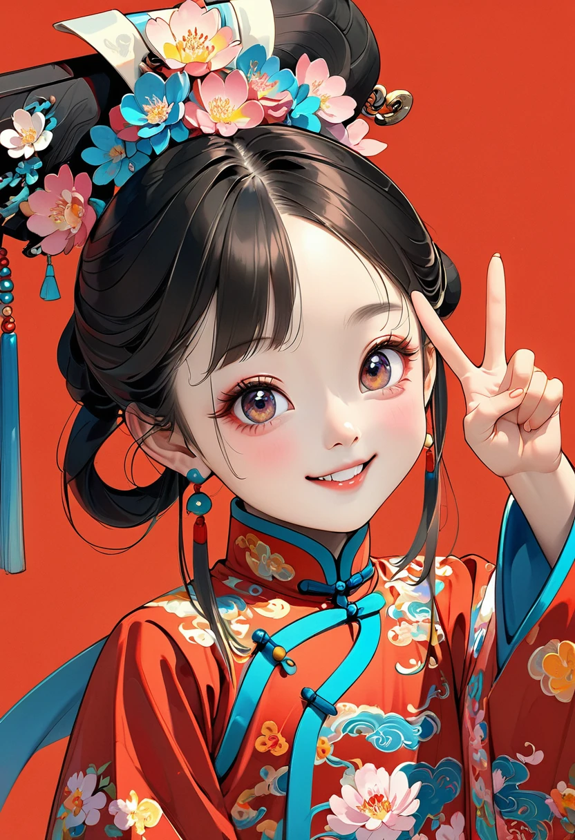 Fine brushwork,Thick coating of the board,Colored pencils,Procreate board drawing beautiful digital art,Clean lines,Beautiful Chinese Qing Dynasty little girl,Big bright eyes,Exquisite facial features,Smile,happy,Qing Dynasty Clothing,(((V gesture))).Bright colors,High Saturation,Red background