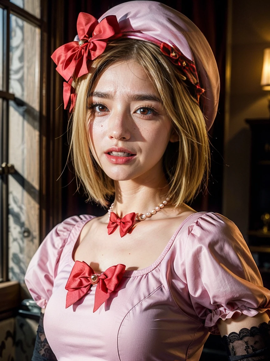 (1 lady), The beautiful, (Best quality at best:1.4), (ultra - detailed), (extremely detailed CG unified 16k), gold blonde hair, very detailed, High-definition RAW color photo, professional photoshooting, amazing face and eyes, cosmetics, (amazingly beautiful girl), ((lambdadelta, tall woman, taller)), ((dress, red bow, pink hat, necklace, gloves, pearl, pink dress)), standing, realistic cinematic face, photo portrait, upper body (shoulders to head), photorealistic, ((realistic natural blonde hair style, red eyes)), gorgeous, extremely beautiful face, perfect model beauty, pout mouth, flirting smile, cleavages, city girl, western, (masterpiece), best quality, high resolution, extremely detailed, blurred background, depth of field, cinematic lighting, clear and well-cared skin