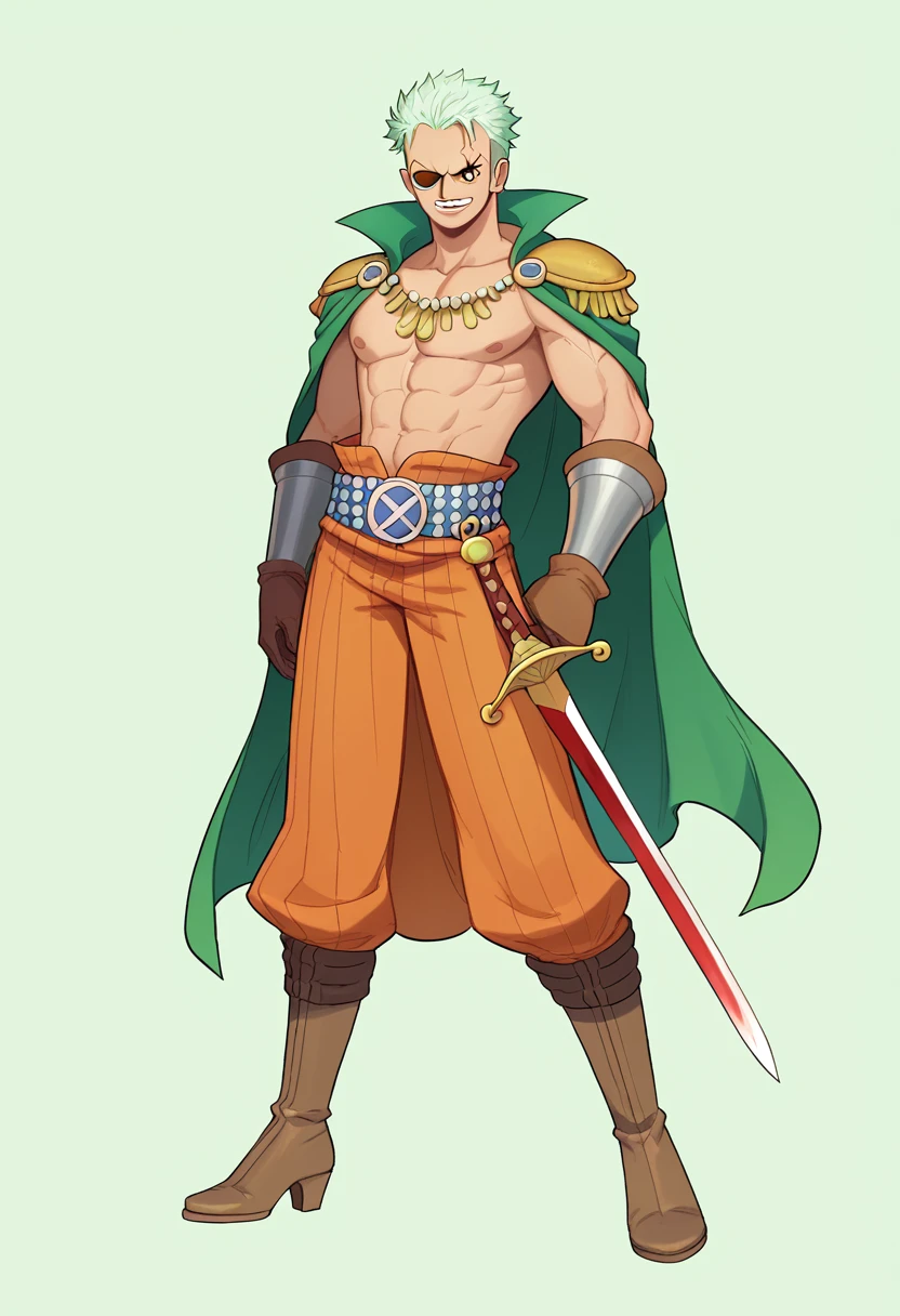 Zoro from One Piece with his green hair and a confident, intense expression. His right eye is sharp and focused, while his left eye is squinted and features a prominent scar. His mouth is clenched tightly around a sword, showing readiness and determination. His overall demeanor exudes strength, confidence, and a fierce readiness for battle