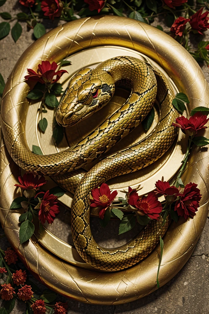 Snake surrounded by red and gold flowers