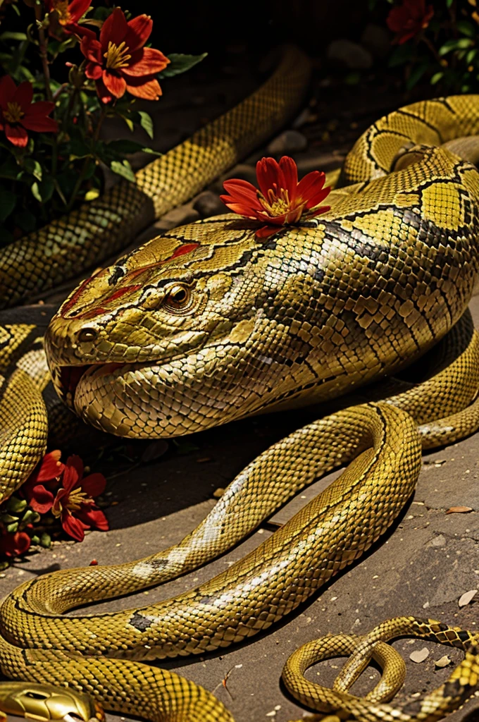 Snake surrounded by red and gold flowers